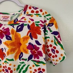 Vintage 1980s Artsy Abstract Tropical Floral Print Jersey Knit T Shirt Size M